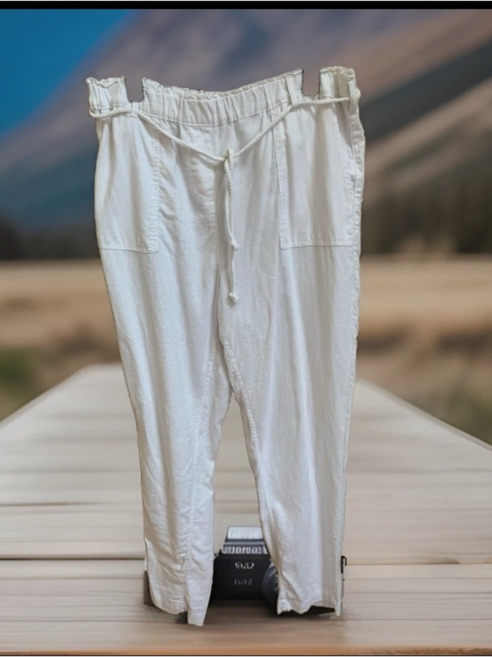 Per Se Linen Blend High Waist Elastic Waist Pockets Rope Drawstring Pants Sz L